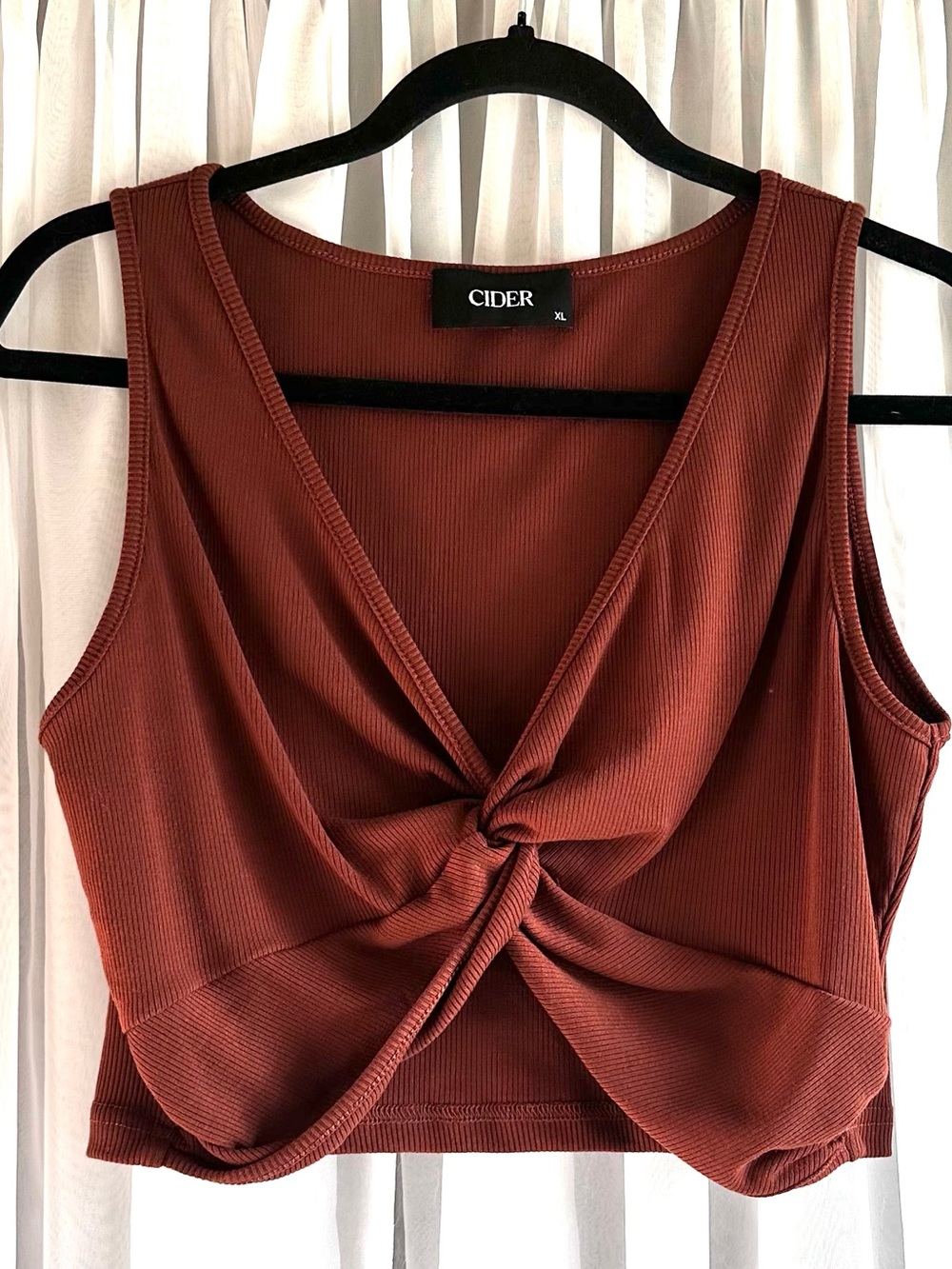 Cider Rust Brown Twist-Front Ribbed Crop Tank size XL